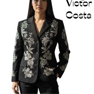 Vintage Victor Costa Black and White Embroidered Blazer